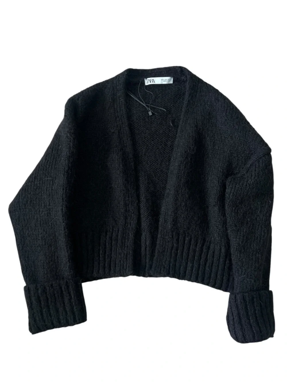 Zara Knit Open Front Cardigan Sweater Cropped Wool & Alpaca Blend  Black Size S - Picture 2 of 8
